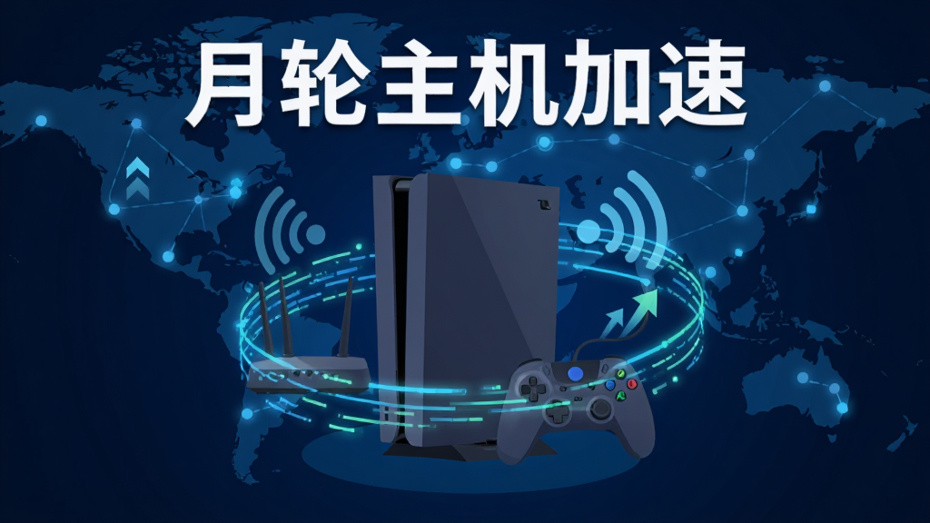 画面中央放置一台游戏主机与手柄,周围环绕发光的数据流线条,背景是深蓝色科技感网络节点地图,画面顶部居中显示白色粗体文字“月轮主机加速”,整体采用扁平化科技插画风格,细节包含路由器、信号波纹与加速箭头,画质清晰干净,无多余元素