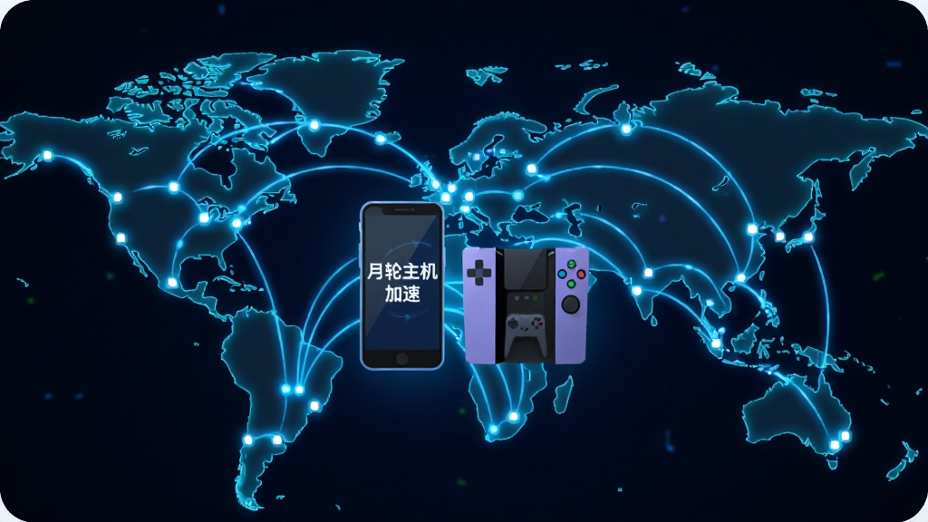 画面主体为一张发光的全球网络地图,地图上多个城市节点由亮蓝色弧线连接,中心位置放置手机与游戏主机图标,手机屏幕显示“月轮主机加速”字样,整体采用深色背景与霓虹光效,扁平科技风格,细节清晰,画质干净,无多余元素