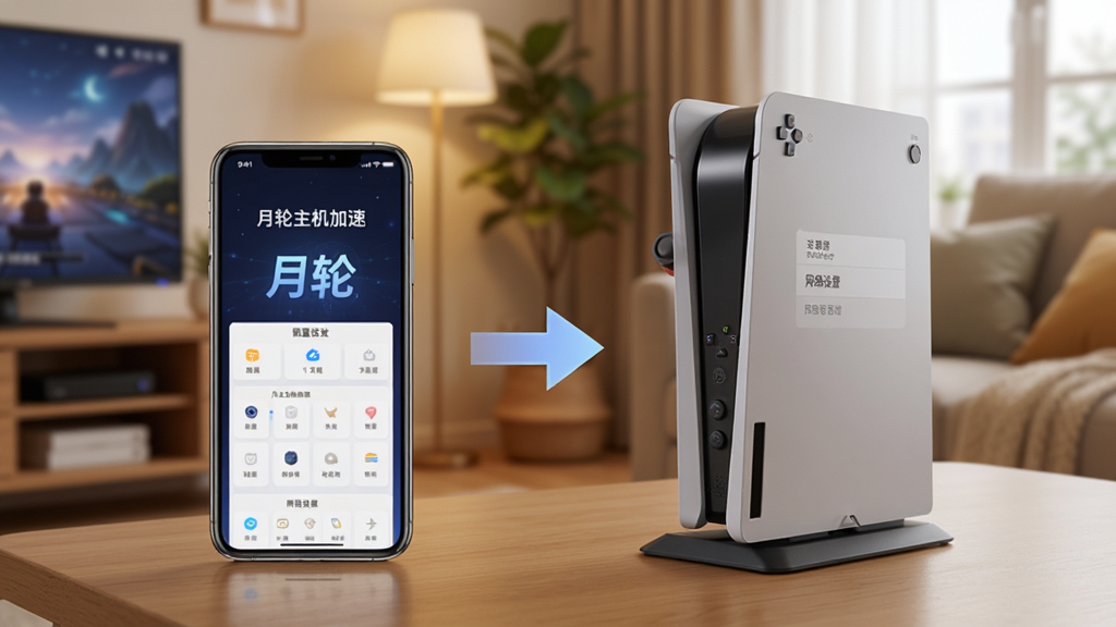 手机与游戏主机并排摆放,手机屏幕显示“月轮主机加速”配置界面,主机屏幕显示网络设置页面,背景为温馨居家环境,画面中央有箭头连接手机与主机,整体采用写实风格,细节清晰,画质干净,无多余元素