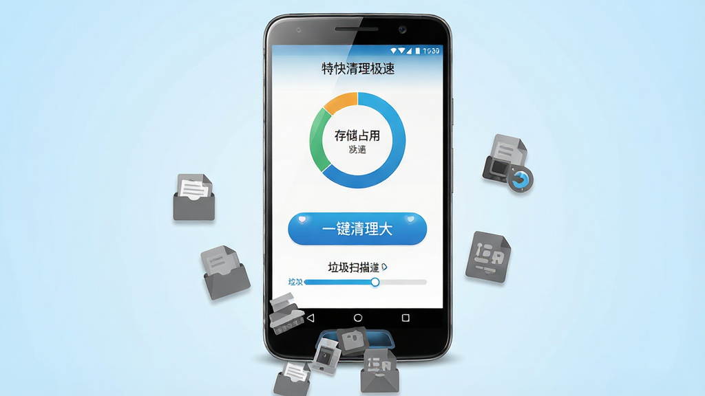 一张展示特快清理极速手机应用主界面的详细图片,画面中央是一部竖屏安卓手机,手机屏幕上显示特快清理极速的首页界面,有存储占用环形图、一键清理大按钮、垃圾扫描进度条等元素,手机周围散落着代表缓存文件、安装包、日志的灰色小图标正在被吸入手机底部的清理入口,背景是干净的浅蓝色渐变,风格为扁平化科技插画风,细节包括手机边框的反光、按钮的高光、图标的轻微投影,画质清晰干净,无多余元素,图片中文字为“特快清理极速”