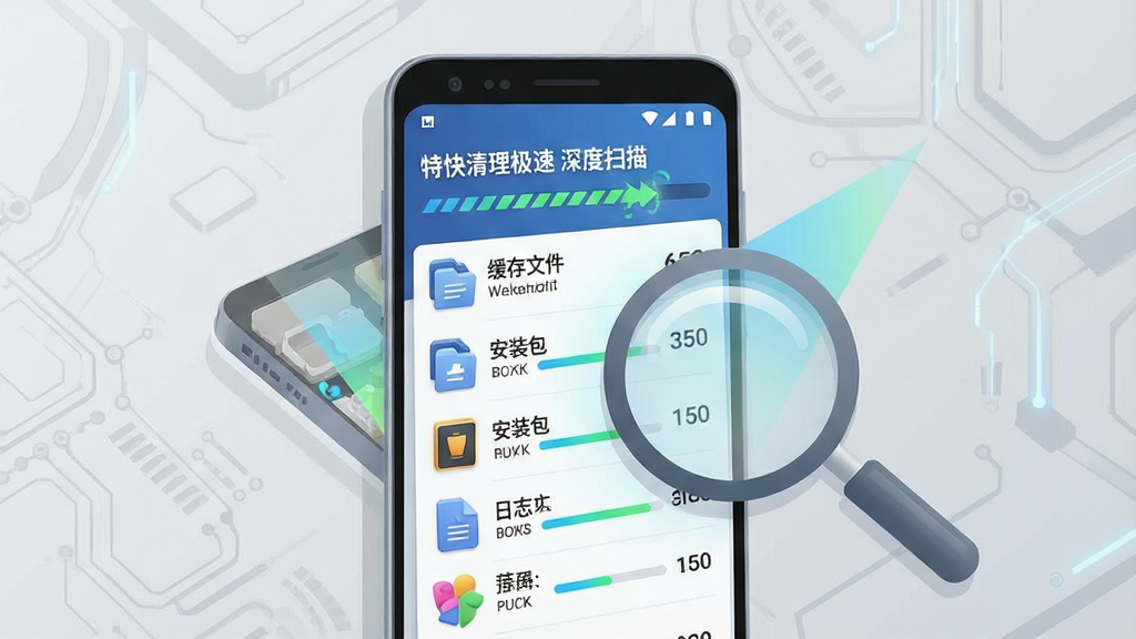 一张展示特快清理极速深度扫描功能的详细图片,画面中央是一部安卓手机,屏幕上显示扫描进度和已发现的垃圾文件分类列表,包括缓存文件、安装包、日志等条目,每个条目右侧有占用大小数字,手机旁边有一个放大镜正在扫描手机内部,背景是浅灰色科技纹理,风格为简洁扁平化插画,细节包括扫描光线的渐变、文件图标的立体感、进度条的动画效果,画质清晰干净,无多余元素,图片中文字为“特快清理极速 深度扫描”