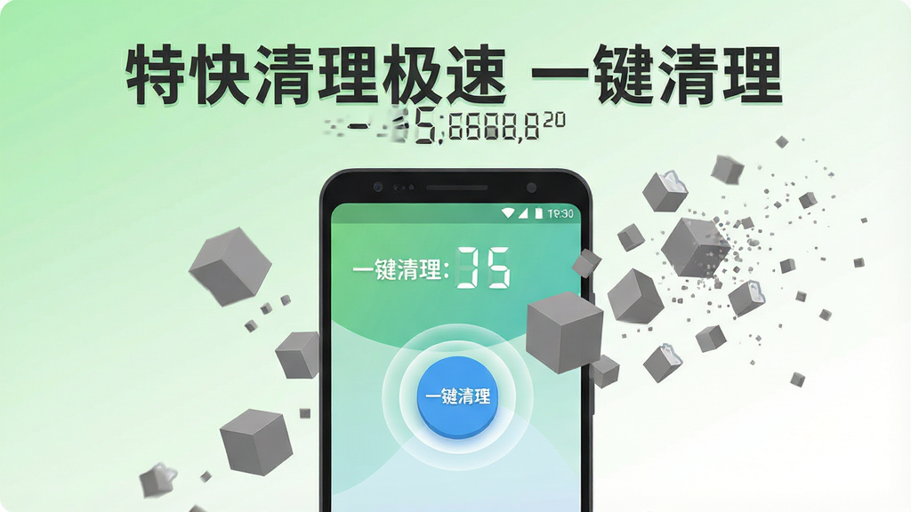一张展示特快清理极速一键清理功能的详细图片,画面中央是一部安卓手机,屏幕上显示一键清理按钮被按下后的动画效果,周围有代表垃圾文件的灰色方块正在快速消失,手机上方有一个数字显示释放的存储空间大小,背景是浅绿色到白色的渐变,风格为清新扁平化插画,细节包括按钮按下的波纹效果、数字的跳动感、方块消失的粒子效果,画质清晰干净,无多余元素,图片中文字为“特快清理极速 一键清理”