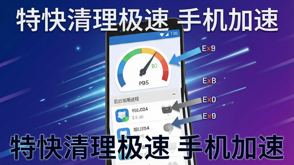 一张展示特快清理极速手机加速功能的详细图片,画面中央是一部安卓手机,屏幕上显示内存占用仪表盘和后台应用进程列表,有箭头指向被结束的进程,手机周围有代表速度的线条和光效,背景是深蓝色到紫色的渐变,风格为科技感扁平插画,细节包括仪表盘的指针、进程图标的灰度变化、速度线的动感效果,画质清晰干净,无多余元素,图片中文字为“特快清理极速 手机加速”