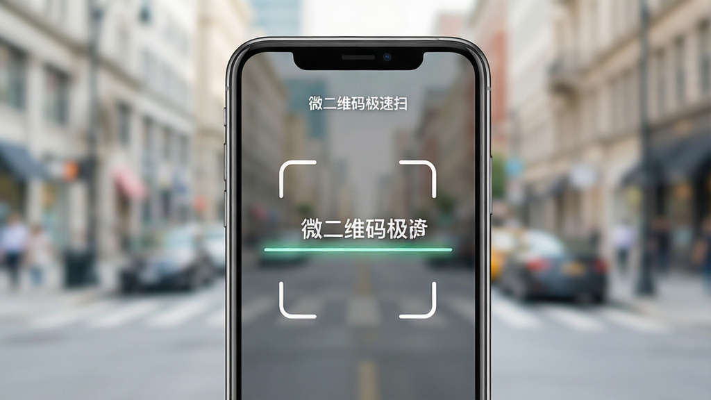 一张展示智能手机屏幕特写的图片,屏幕中央是「微二维码极速扫」软件的扫码界面,界面设计简洁现代,有取景框和扫描线动画效果,手机背景是虚化的城市街道场景,画面风格写实清新,色彩明亮,整体布局突出手机与软件界面,画质高清干净,无多余元素