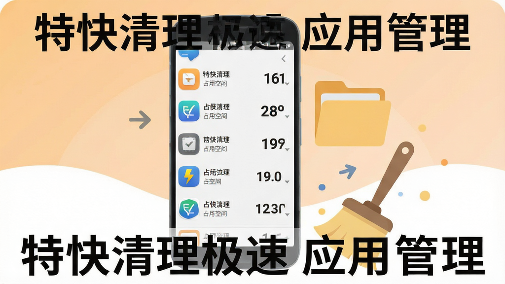 一张展示特快清理极速应用管理功能的详细图片,画面中央是一部安卓手机,屏幕上显示已安装应用列表,每个应用显示图标、名称、占用空间大小,列表按大小降序排列,手机旁边有一个文件夹图标和清理刷子,背景是浅橙色到白色的渐变,风格为简约扁平化插画,细节包括应用图标的圆角、大小数字的加粗显示、排序箭头的指示效果,画质清晰干净,无多余元素,图片中文字为“特快清理极速 应用管理”