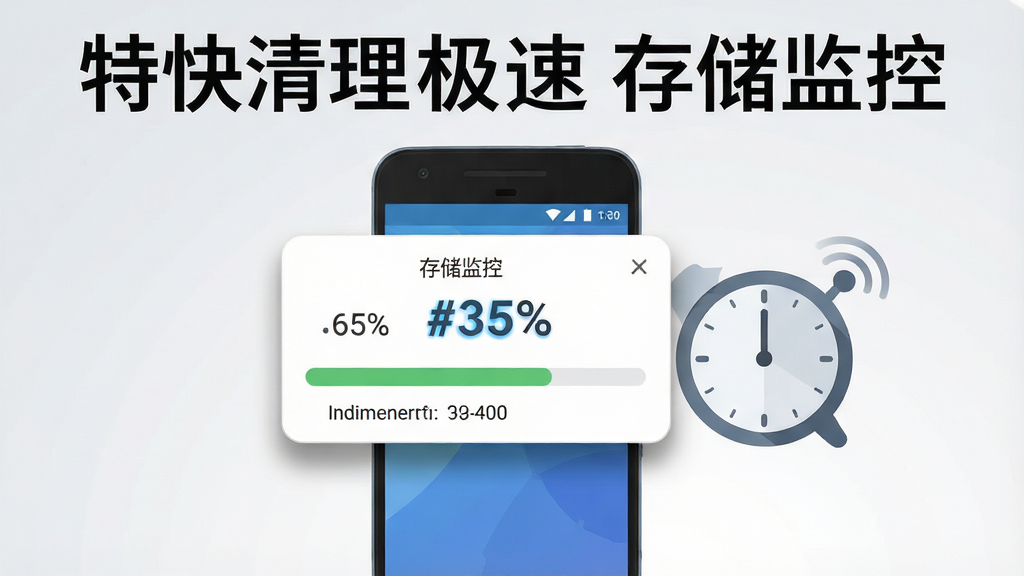 一张展示特快清理极速存储监控功能的详细图片,画面中央是一部安卓手机,屏幕边缘有一个悬浮的存储监控小窗口,显示存储占用百分比和剩余空间,手机旁边有一个时钟图标代表实时监控,背景是浅灰色到白色的渐变,风格为清新扁平化插画,细节包括悬浮窗口的阴影、百分比数字的动态感、时钟指针的走动效果,画质清晰干净,无多余元素,图片中文字为“特快清理极速 存储监控”