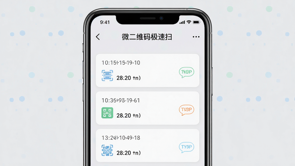一张手机应用界面展示图,屏幕中显示「微二维码极速扫」的历史记录页面,列表中有多条扫码记录,每条记录带有时间戳和类型图标,界面设计采用卡片式布局,配色清新淡雅,背景为浅灰色,画面风格简洁现代,画质高清干净,无多余元素