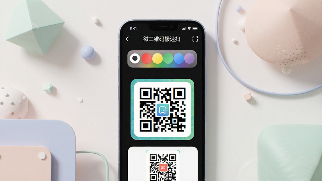 一张展示手机屏幕的图片,屏幕中显示「微二维码极速扫」的二维码生成界面,有颜色选择器和预览区域,生成的二维码图案清晰美观,手机周围有简洁的几何装饰元素,整体风格现代科技感,配色柔和,画质高清干净,无多余元素