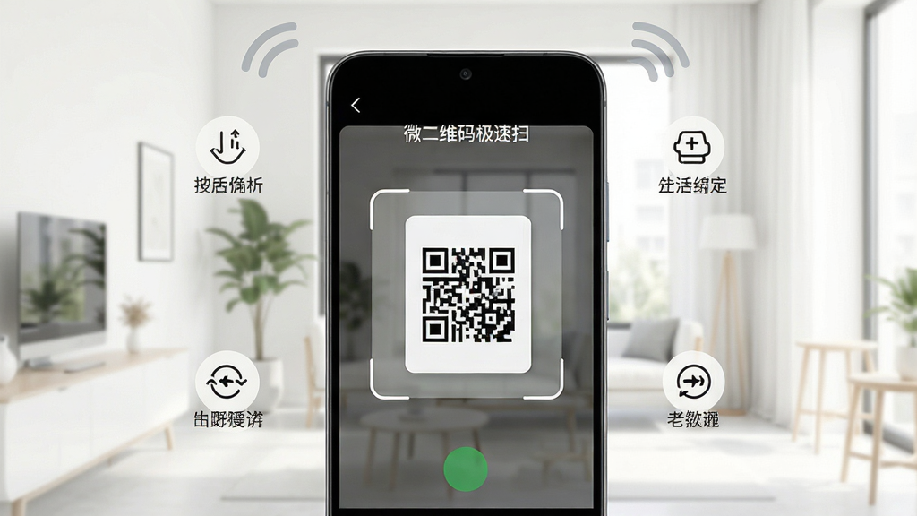 一张安卓手机使用场景图,手机屏幕显示「微二维码极速扫」的扫码界面,取景框正对一张二维码卡片,手机周围有简洁的操作提示图标,背景为明亮的室内环境,画面风格清晰写实,画质高清干净,无多余元素