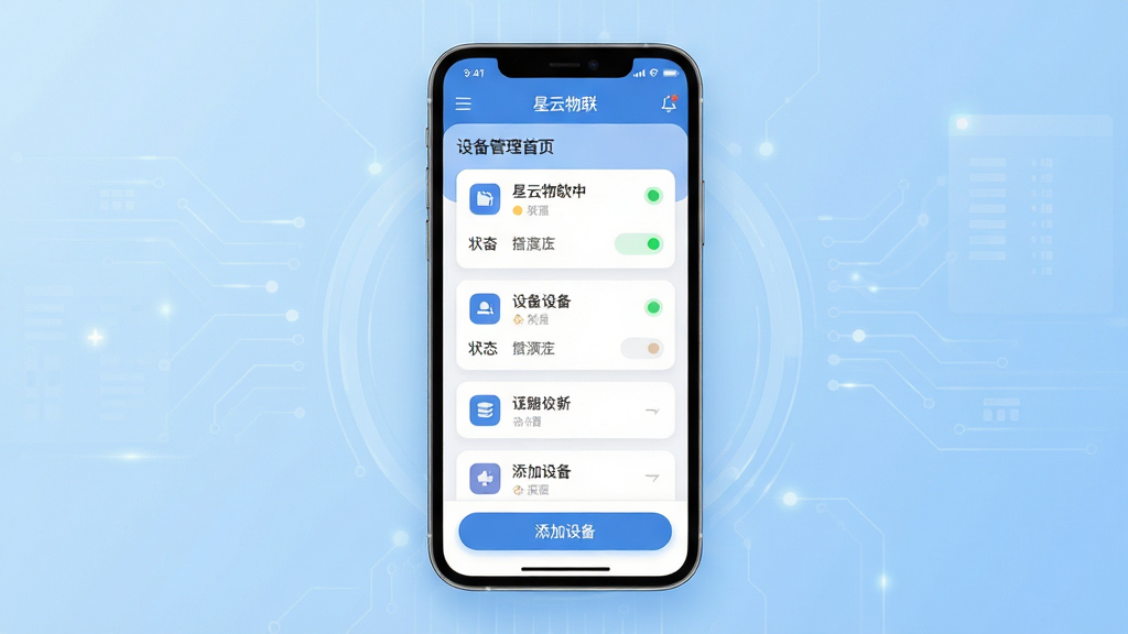 星云物联软件主界面展示图,画面中央为一部智能手机,手机屏幕上显示星云物联APP的设备管理首页,界面中包含设备列表卡片、状态指示灯、添加设备按钮等元素,背景为浅蓝色渐变科技风格,整体布局简洁清晰,排版采用居中构图,风格为现代扁平化UI设计,细节上突出图标圆角与柔和阴影,画质高清,画面干净,无多余元素