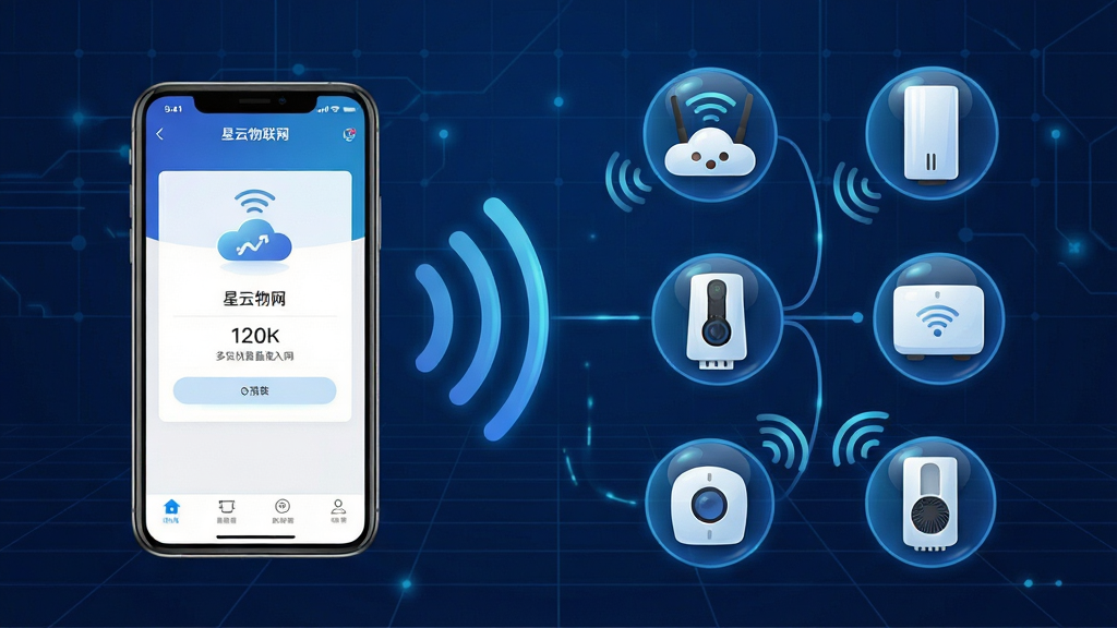 星云物联多协议设备接入场景图,画面左侧为智能手机显示星云物联APP配网界面,右侧为多种智能设备图标通过无线信号线条连接至手机,背景为深蓝色科技网格纹理,布局采用左右对称结构,风格为科技感扁平插画,细节上突出信号波纹与设备图标的光泽感,画质高清,画面干净,无多余元素