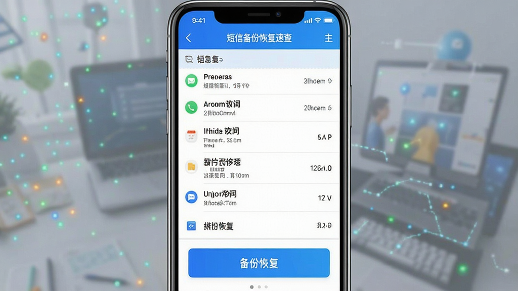 短信备份恢复速查软件主界面截图,展示短信列表与备份恢复功能按钮,手机竖屏布局,界面简洁清晰,风格现代科技感,细节精致,画质清晰干净,无多余元素