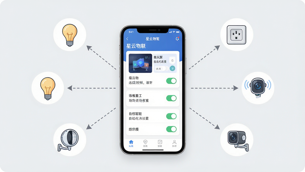 星云物联远程控制与场景联动示意图,画面中央为一部手机显示星云物联APP的自动化场景设置页面,周围环绕着灯泡、插座、摄像头等智能设备图标,图标之间用虚线箭头表示联动关系,背景为浅灰色极简风格,布局采用放射状构图,风格为现代UI插画,细节上突出场景卡片与开关状态,画质高清,画面干净,无多余元素