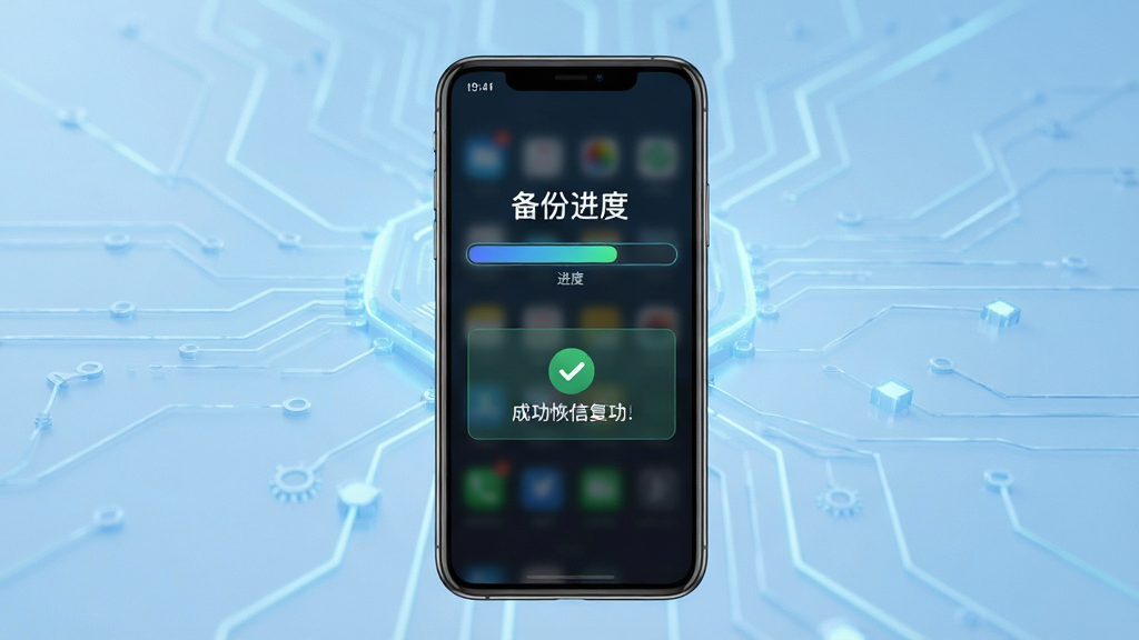 短信备份恢复速查一键备份短信功能展示图,手机屏幕显示备份进度条与成功提示,背景为简洁科技蓝风格,主体突出,布局居中,细节清晰,画质干净,无多余元素