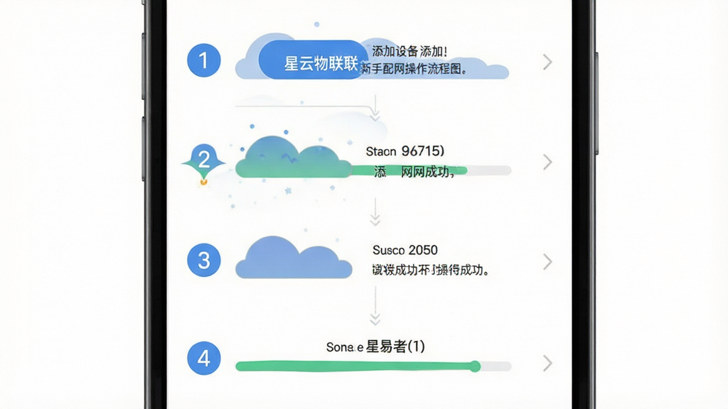 星云物联新手配网操作流程图,画面为一部手机屏幕截图风格,展示从添加设备到配网成功的四个步骤界面,每个步骤用数字标注并配有简短文字说明,背景为白色简洁风格,布局采用纵向流程排列,风格为扁平化UI示意图,细节上突出按钮与进度条,画质高清,画面干净,无多余元素