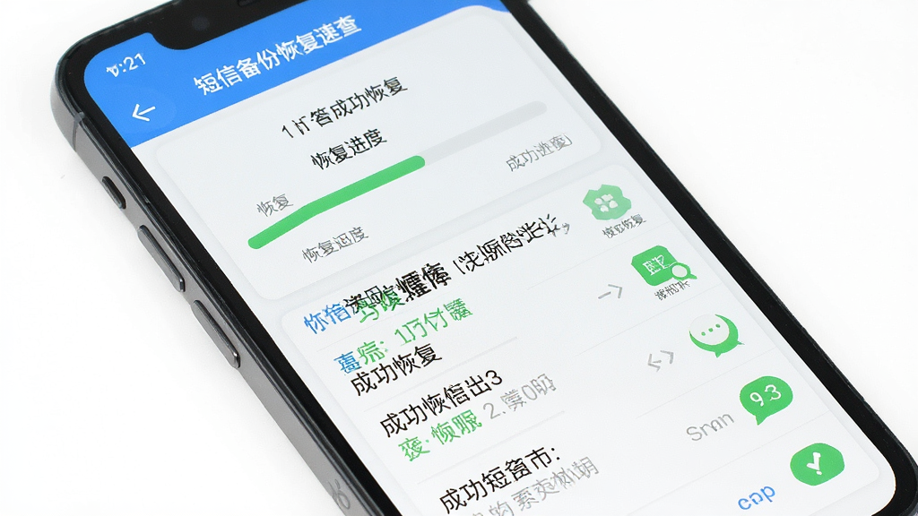 短信备份恢复速查快速恢复短信功能界面,展示恢复进度与成功恢复的短信列表,手机界面布局清晰,风格简洁明亮,细节丰富,画质清晰,无多余元素