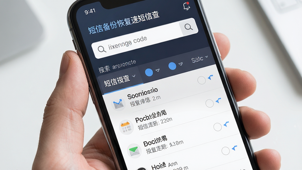 短信备份恢复速查短信速查搜索界面,展示关键词搜索框与筛选结果列表,手机屏幕布局合理,风格现代简约,细节精致,画质干净清晰,无多余元素