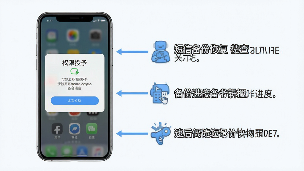 短信备份恢复速查新手操作指南示意图,手机屏幕展示权限授予界面与备份进度,旁边配有文字标注说明,整体风格清晰直观,布局合理,细节丰富,画质干净,无多余元素