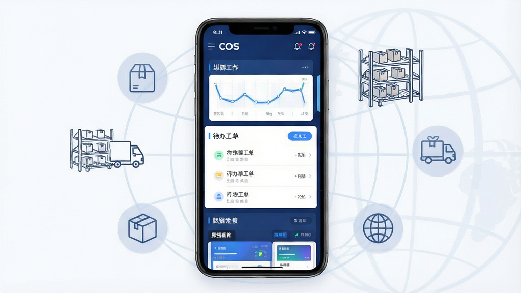 一张展示纵腾COS移动端应用主界面的场景图,画面中央是一部智能手机,屏幕显示纵腾COS的深蓝色调工作台界面,包含物流轨迹卡片、待办工单列表和数据看板。手机周围环绕着半透明的物流图标、仓储货架简笔画和地球经纬线元素。整体布局为居中构图,风格简洁现代科技感,细节上突出屏幕内的图表和按钮,画质清晰,干净无多余元素。