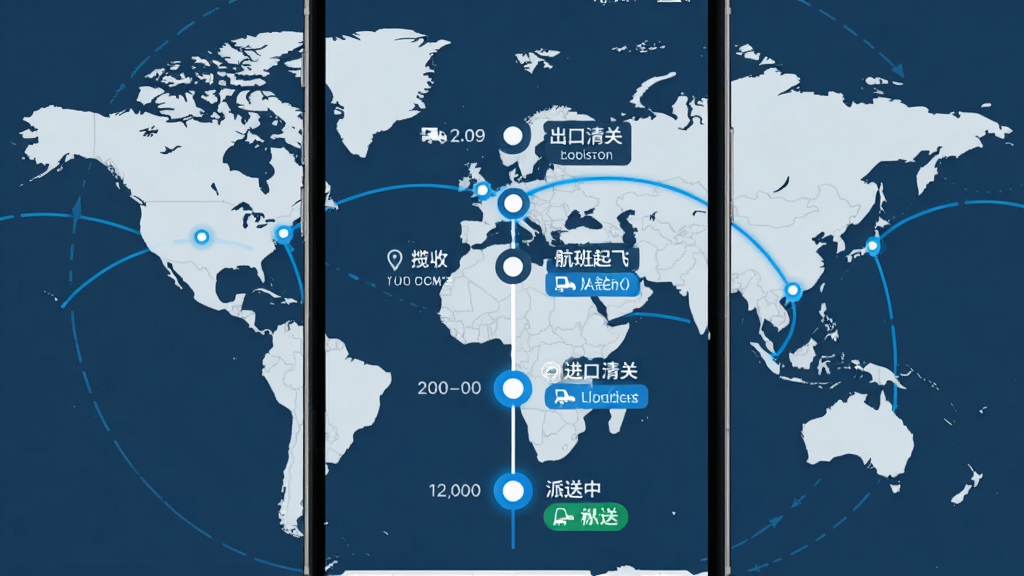 纵腾COS物流追踪界面展示图,画面中央是手机屏幕,显示一条跨境包裹的物流轨迹时间轴,节点包括揽收、出口清关、航班起飞、进口清关、派送中。时间轴用蓝色高亮标注当前节点。手机背景是简化的世界地图航线图。风格科技感扁平化,细节清晰展示时间轴和状态标签,画质干净无多余元素。