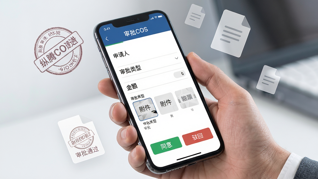 纵腾COS移动审批功能展示图,画面展示一只手拿着手机,屏幕显示审批详情页面,包含申请人、审批类型、金额、附件缩略图以及同意和驳回按钮。手机周围漂浮着几个半透明的审批通过印章和文件图标。布局为特写构图,风格商务简洁,细节突出按钮和表单,画质清晰,干净无多余元素。