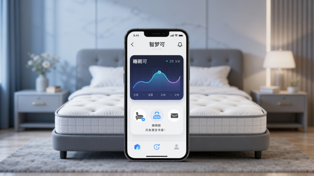 画面中央放置一部智能手机,屏幕显示“智梦可”应用主界面,界面中有睡眠曲线图和床垫连接状态图标,手机旁边摆放一张简约风格的智能床垫示意图,背景为柔和卧室环境,浅蓝与暖灰配色,布局居中对称,风格现代科技感,细节清晰展示手机屏幕内容与床垫轮廓,画质高清,干净,无多余元素