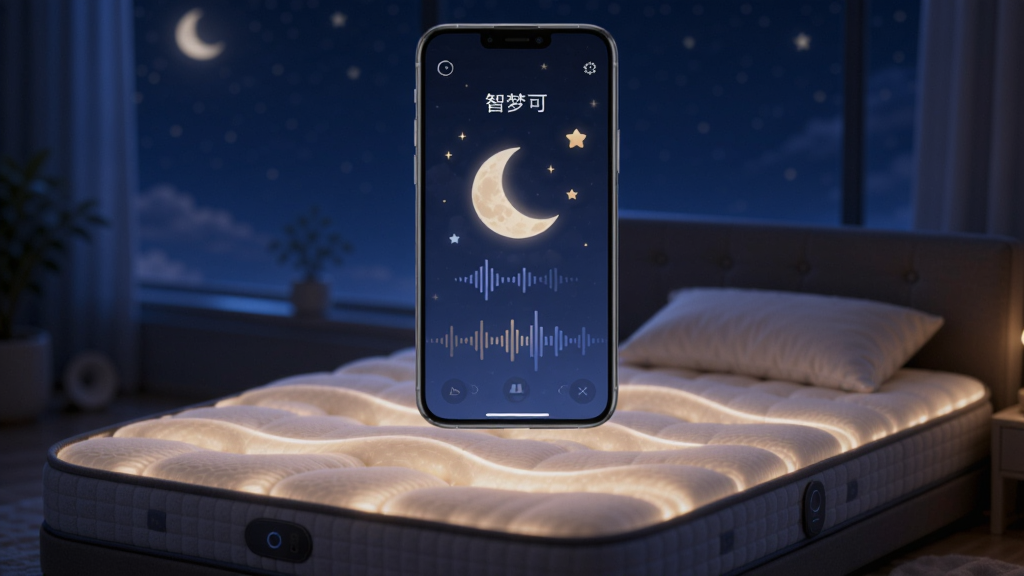 手机屏幕显示“智梦可”助眠界面,画面中有月亮、星星和声波图标,手机下方连接一张智能床垫,床垫表面有柔和的波浪形灯光效果,背景为深蓝色夜空,风格温馨静谧,布局手机居中偏上,床垫位于下方,细节展示声波纹理和床垫灯光,画质高清,干净,无多余元素