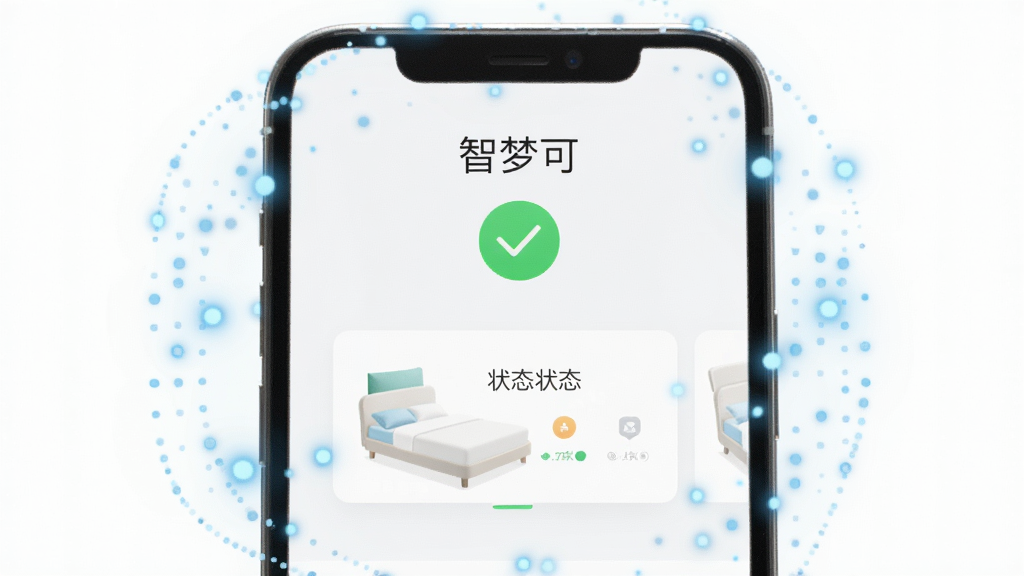 手机屏幕显示“智梦可”设备连接成功界面,画面中有绿色对勾图标和床垫状态卡片,手机周围环绕淡蓝色光点,背景为简洁白色,风格清爽明快,布局手机居中,细节表现连接成功文字与图标,画质高清,干净,无多余元素