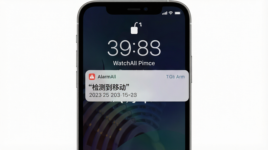 一张表现 WatchAll 智能报警功能的图片,主体为手机锁屏界面弹出报警通知,布局为通知卡片位于屏幕中央,排版简洁,风格为扁平化设计,细节包括通知内容显示“检测到移动”、时间戳清晰、背景为深色渐变,画质高清,干净,无多余元素