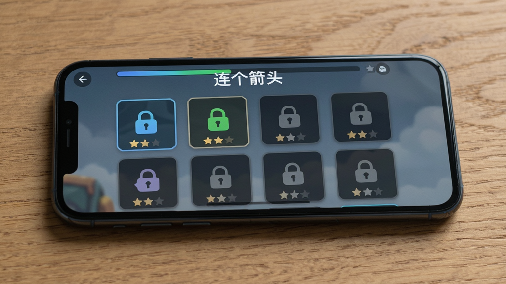 一部手机平放在木纹桌面上,屏幕显示“连个箭头”的游戏关卡选择界面,布局为网格状关卡缩略图排列,风格为现代简约科技感,细节包含已解锁与未解锁的关卡图标、星级评价标识、顶部进度条,画质高清,干净,无多余元素