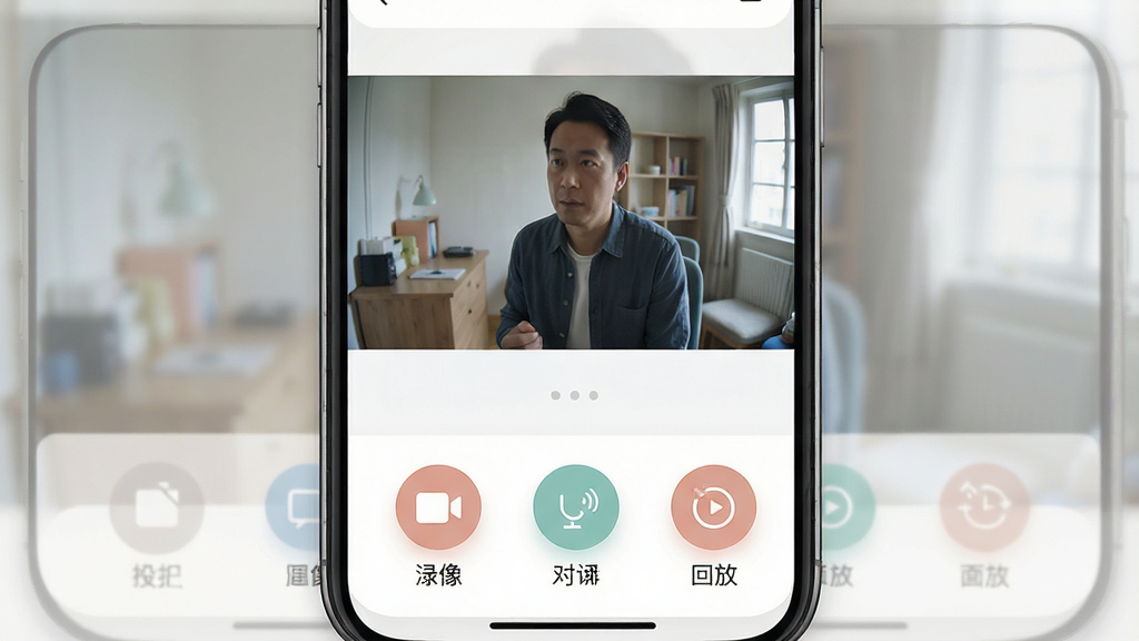 一幅展示 WatchAll 操作界面的示意图,主体为手机屏幕中呈现监控画面与底部功能按钮栏,布局为上方视频画面、下方一排圆形功能图标,排版规整,风格为现代简约 UI,细节包括图标含义清晰(截图、录像、对讲、回放)、配色柔和、画面干净,画质高清,无多余元素