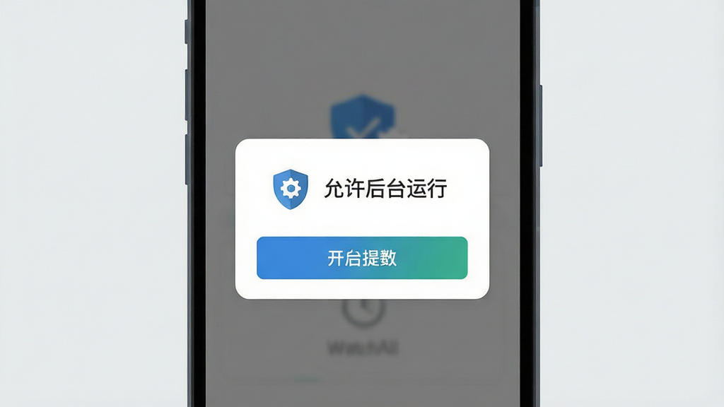 一幅展示 WatchAll 新手设置引导的插图,主体为手机屏幕中显示权限开启提示弹窗,布局为弹窗居中、按钮清晰,排版简洁,风格为扁平化教学风格,细节包括文字“允许后台运行”、图标为盾牌与齿轮、背景为浅灰色,画质高清,干净,无多余元素