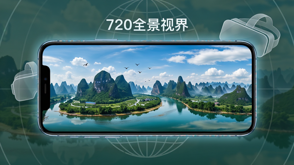 一张展示“720全景视界”核心全貌的图片,主体为一部智能手机横屏显示着壮丽的山水全景画面,画面呈现360度环绕效果,布局采用居中构图,手机屏幕内是桂林山水与蓝天白云,屏幕外有半透明的VR眼镜图标和地球经纬线元素点缀,排版简洁现代,风格为科技感与清新自然结合,细节包括手机边缘的微光反射、全景画面中的飞鸟和远山层次,画质为4K超清,干净,无多余元素