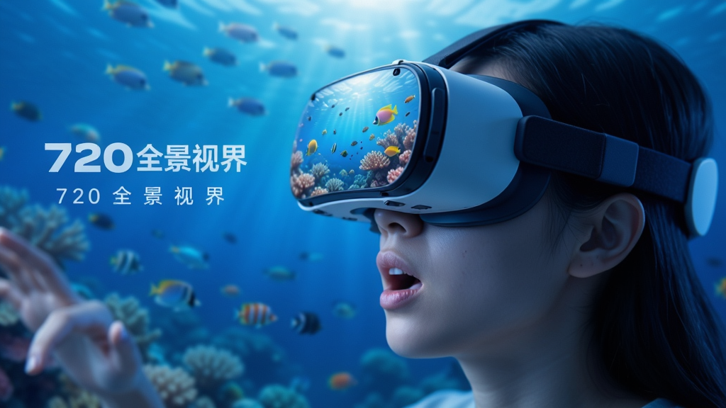 一个人戴着VR眼镜观看“720全景视界”中的海底世界全景,主体为人物和VR眼镜,布局采用侧面特写,排版突出沉浸感,风格为梦幻蓝色调,细节包括VR眼镜镜片反射出的珊瑚和鱼群、人物微微张开的嘴巴,画质为8K超高清,干净,无多余元素