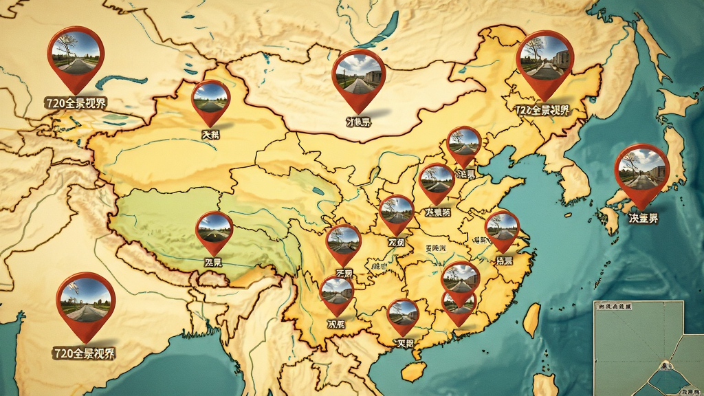 一张中国地图上散布着许多“720全景视界”的全景图钉,主体为地图和全景缩略图,布局采用俯视视角,排版清晰,风格为温暖怀旧风,细节包括每个图钉旁边的地名标签和全景小图预览,画质高清,干净,无多余元素