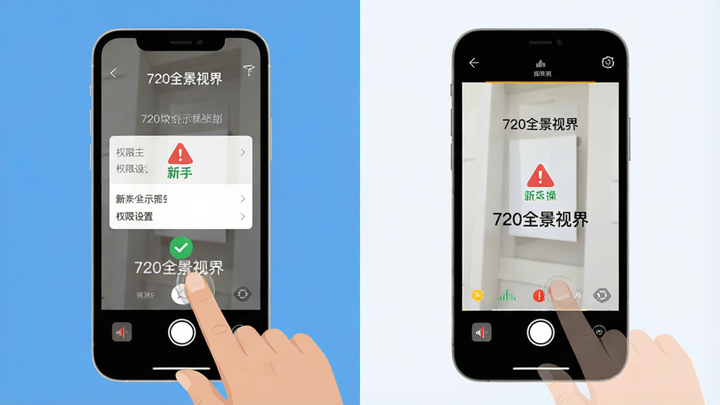 一张“720全景视界”新手操作示意图,主体为手机屏幕和手指点击动作,布局采用左右分栏,左侧展示权限设置界面,右侧展示拍摄引导界面,风格为扁平化教学风,细节包括绿色的对勾图标、红色的警告图标和“720全景视界”文字,画质高清,干净,无多余元素