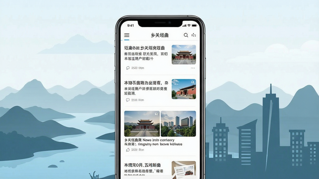 乡关垣曲手机应用主界面展示,画面中央放置一部智能手机,屏幕内呈现资讯列表与本地新闻卡片,背景为垣曲山水剪影与城市建筑轮廓,布局采用居中构图,风格为现代简约扁平化,细节包含状态栏、导航栏与新闻缩略图,画质清晰,干净无多余元素