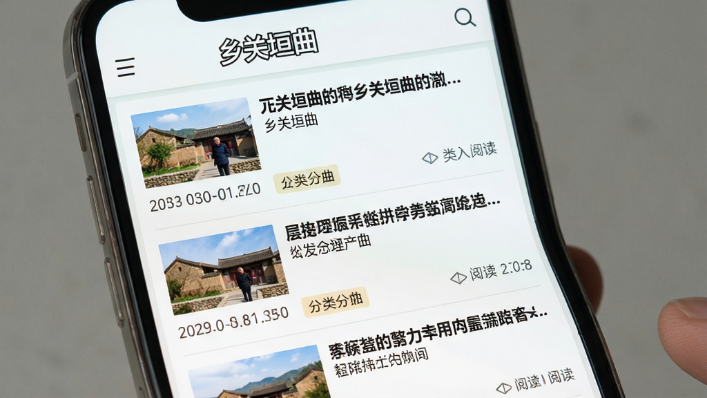 乡关垣曲资讯页面展示图,画面主体为手机屏幕内滚动的新闻列表,每条新闻配有缩略图与标题文字,屏幕上方显示“乡关垣曲”字样,布局为纵向排列,风格为清新浅色系,细节包含时间戳、分类标签与阅读量,画质清晰,干净无多余元素