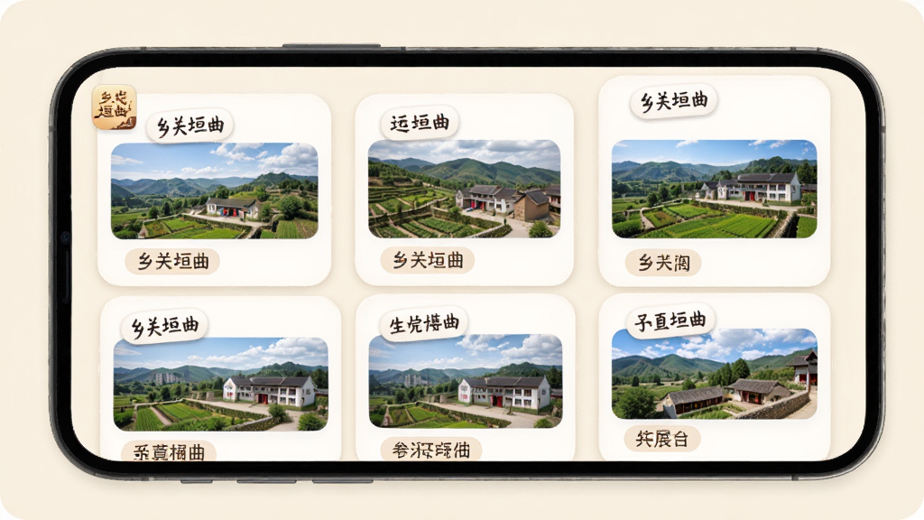 乡关垣曲乡镇风貌展示图,画面为手机屏幕内呈现多个乡镇卡片式布局,每张卡片包含乡镇名称与风景照片,背景为淡雅米色,布局为网格排列,风格为柔和圆角设计,细节包含“乡关垣曲”应用图标与乡镇标签,画质清晰,干净无多余元素