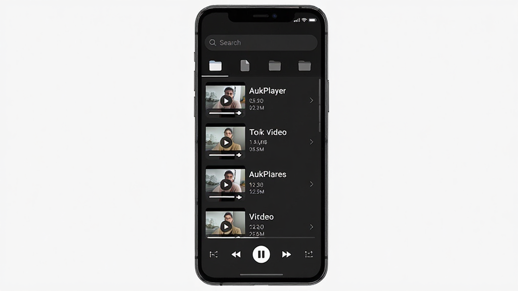 AukPlayer 软件主界面展示,手机屏幕中央显示本地视频文件列表,顶部有简洁的搜索栏和文件夹分类标签,底部是播放控制区域,整体采用深色主题,界面干净清爽,布局为手机竖屏截图风格,细节上包含视频缩略图、文件名称、时长信息等元素,画质清晰,无多余装饰元素