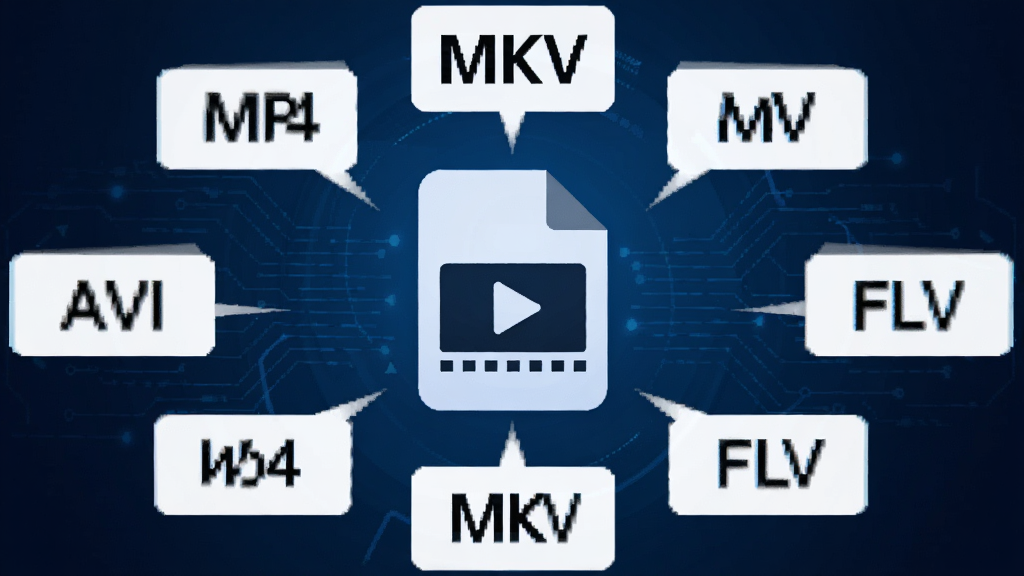 AukPlayer 全格式兼容功能展示图,画面中央是一个视频文件图标被多个格式标签环绕,标签上分别写着 MP4、MKV、AVI、MOV、FLV 等字样,背景为科技感深蓝色渐变,风格简洁现代,布局居中对称,画质清晰,无多余元素