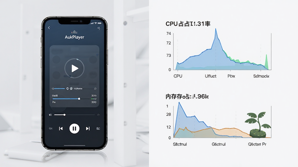 AukPlayer 轻量运行概念图,画面左侧是一部手机显示播放界面,右侧用简洁的图表展示CPU占用率和内存占用数据,背景为浅灰色,风格商务简洁,布局左右分栏,画质清晰,无多余装饰
