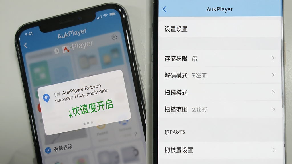 AukPlayer 安装设置引导界面,手机屏幕显示权限开启提示和设置选项列表,包含存储权限、解码模式选择、扫描范围设置等选项,界面风格简洁,布局为手机竖屏设置页样式,画质清晰,无多余元素