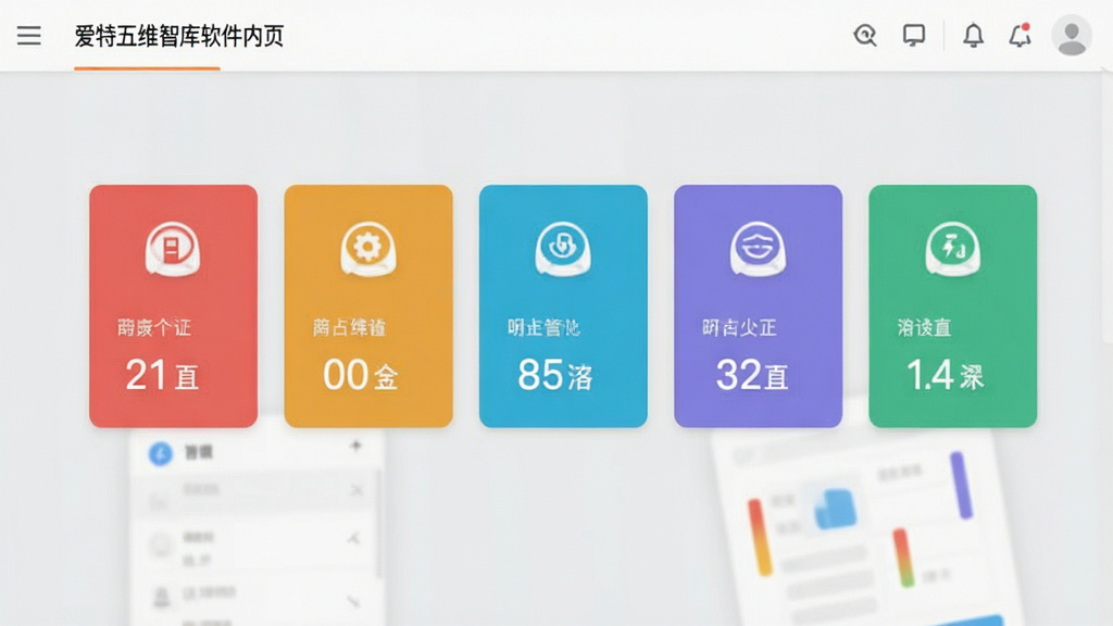 爱特五维智库软件内页截图,展示五个彩色数据维度卡片并排排列,卡片上有图标和数字,背景为浅灰色,风格清爽,画质清晰,干净,无多余元素
