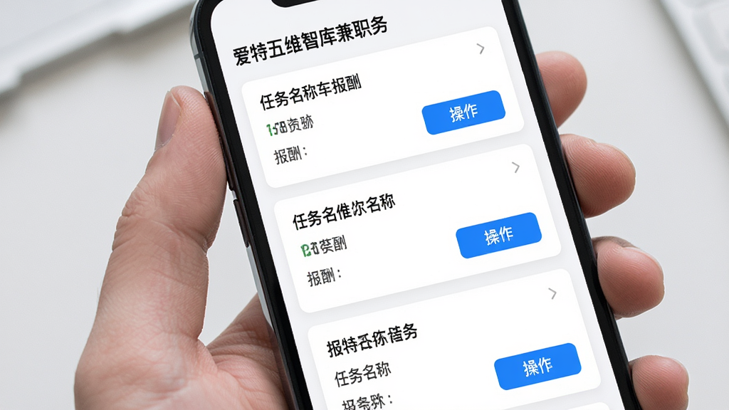 爱特五维智库兼职任务列表页面,手机屏幕中显示多条任务卡片,每条卡片包含任务名称、报酬和操作按钮,布局整齐,风格现代,画质高清,干净,无多余元素