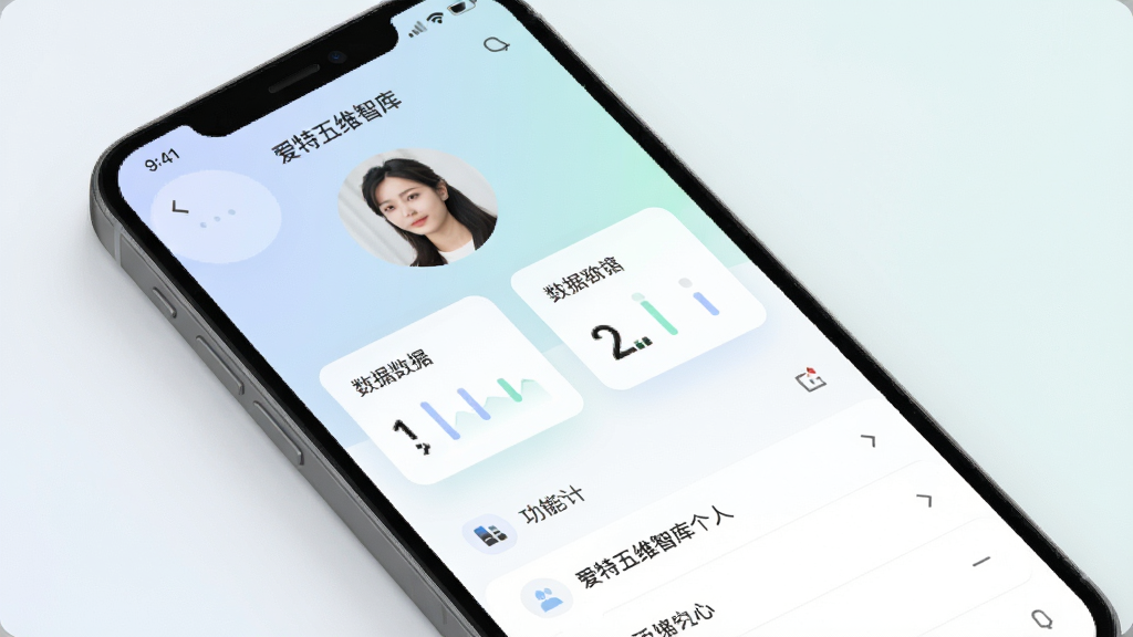 爱特五维智库个人中心页面,手机屏幕显示头像、数据统计卡片和功能菜单列表,布局简洁,配色柔和,画质高清,干净,无多余元素