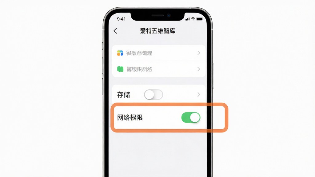 爱特五维智库安装权限设置界面示意图,手机屏幕显示权限管理页面,高亮标注存储和网络权限开关,风格简洁明了,画质高清,干净,无多余元素