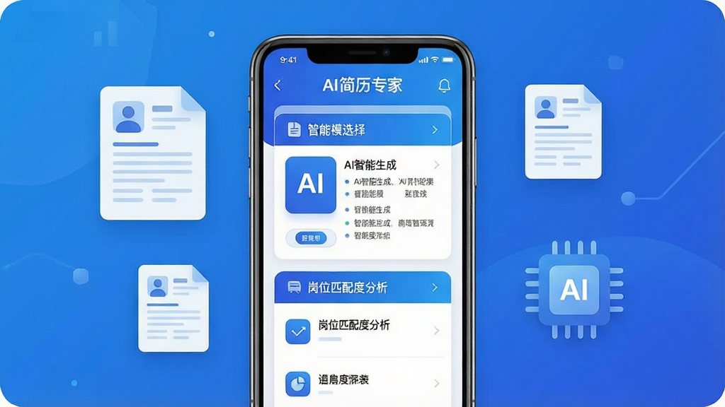 一张展示AI简历专家软件核心功能的整体预览图,主体是一部智能手机屏幕显示AI简历专家应用界面,界面中包含简历模板选择、AI智能生成、岗位匹配度分析等核心模块,布局采用居中展示方式,手机两侧漂浮着简历文档图标和AI芯片图标,排版简洁清晰,风格为现代科技感扁平化设计,细节包括蓝色渐变主色调、圆角图标、清晰的文字标签,画质高清,画面干净,无多余元素