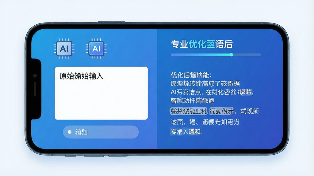 一张展示AI简历专家智能内容生成功能的场景图,主体是手机屏幕显示AI正在将一段简单的工作描述自动优化为专业简历语句的对比界面,左侧为原始输入框,右侧为优化后的简历文本,布局为左右分栏对比展示,排版清晰直观,风格为科技蓝渐变扁平化设计,细节包括AI芯片图标、进度条动画效果、高亮关键词标记,画质高清,画面干净,无多余元素
