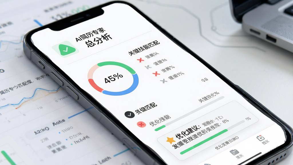一张展示AI简历专家岗位匹配度分析功能的界面图,主体是手机屏幕显示一份匹配度分析报告,包含百分比环形图、关键技能匹配列表、优化建议提示框等元素,布局采用顶部总分展示加下方详细条目的结构,排版信息层级分明,风格为数据可视化科技风格,细节包括绿色对勾图标、红色叉号图标、进度条,画质高清,画面干净,无多余元素